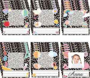 Black composition notebook style school name tags photo frame stickers student stationery.