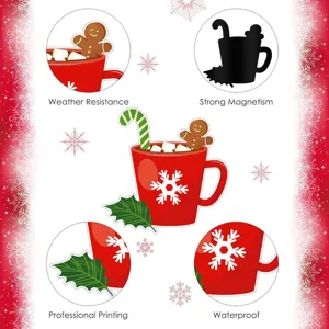 Detailansicht des weihnachtlichen Magnetaufklebers mit roter Tasse, Lebkuchenmann und Schneeflocke.