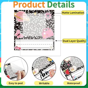 Custom black name tag stickers for school supplies, waterproof, writable and easy to peel off.
