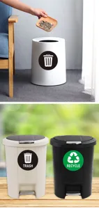 Autocollants étanches de tri des déchets avec icônes de recyclage pour poubelles et corbeilles.