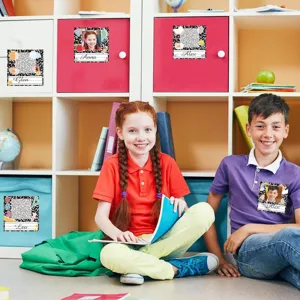 Custom personalized name stickers for school supplies with photo and marble design for kids.