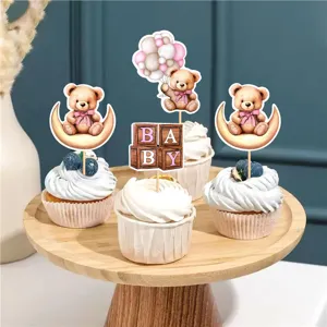 Joli ensemble de toppers pour cupcakes ours en peluche avec lune et blocs en bois pour anniversaire.