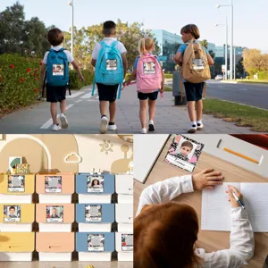 Personalized photo name stickers for school supplies, student labels, and storage.