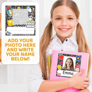 Detail view of custom name photo sticker template, ideal for student school supplies and notebooks.