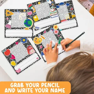 Custom composition notebook name tags and cute school sticker labels for student supplies.
