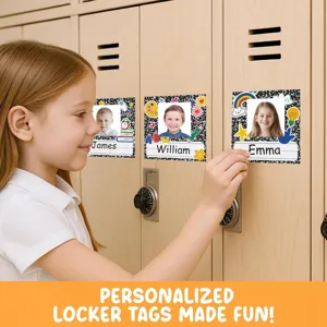 Custom locker name tags detail view showcasing photo student stickers on school lockers.