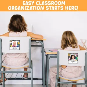 Classroom name tags detail showing custom student photo and blackboard style sticker.