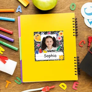 Custom black name tag photo sticker for school students, personalized classroom stationery supply.