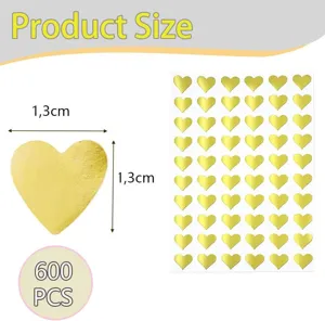 Gold heart stickers 1.3cm 600pcs waterproof adhesive labels for sealing and DIY crafts.