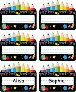 Detailed view of colorful chalkboard classroom name tag stickers for student desks back to school.