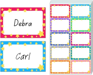 Details showing colorful classroom name stickers featuring cute star borders and sample name tags.