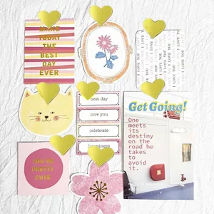 Gold foil heart adhesive stickers and decorative journal cards DIY diary craft embellishments.