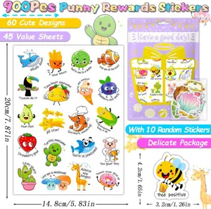 Cute reward stickers for kids, 900pcs punny designs, ideal for school supplies and teacher rewards.