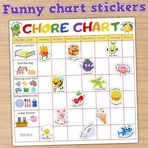 Kids chore chart stickers reward behavior habit tracker for school and home use funny design.