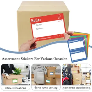 Assortiment d'etiquettes de demenagement et autocollants colores pour bureau et maison.