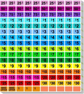 Colorful yard sale price stickers sheet with various pricing options for retail events.