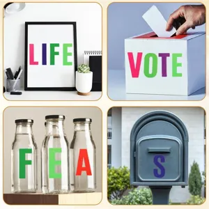Colorful PVC alphabet number stickers for DIY crafts, home and car decor, waterproof decals.
