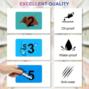 Custom colorful price stickers showing waterproof, oil-proof and anti-wear performance.