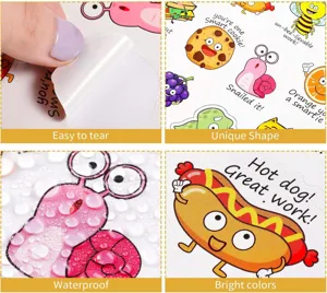 Kids reward stickers detail view, waterproof vinyl cartoon animal designs, easy tear back sheet.