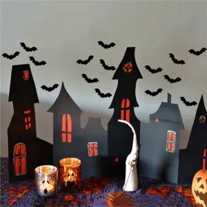 Halloween spooky bat and castle paper silhouette decoration set for home party tabletop setup