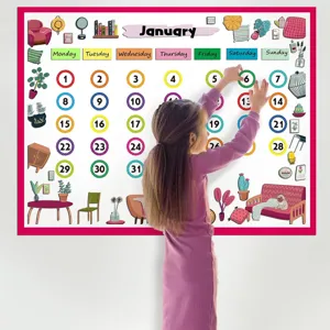 Kids educational calendar wall chart with circular number stickers and cute cartoon illustrations.
