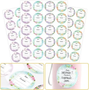 Étiquettes rondes imperméables pour bocaux avec motif floral, champs de date et contenu.