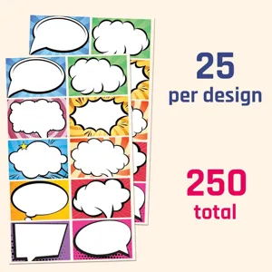 Colorful comic speech bubble name stickers, 25 unique designs, 250 total DIY labels.