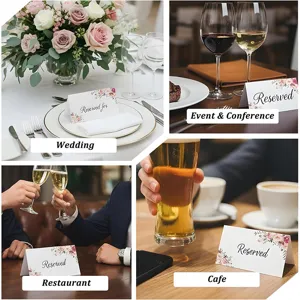 Elegantes tarjetas de sitio florales para bodas, tarjetas de nombres de mesa plegables.