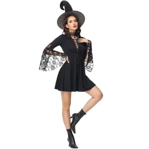 Costume da Strega Gotica Donna Halloween Cosplay Costume Punk Mago Abito Magico Con Maniche in Pizzo E Cappello da Strega Set