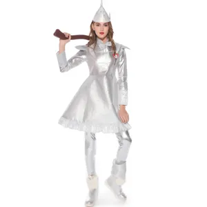Women Tin Man costume Wizard of Oz Halloween cosplay stage outfit silver metallic dress set