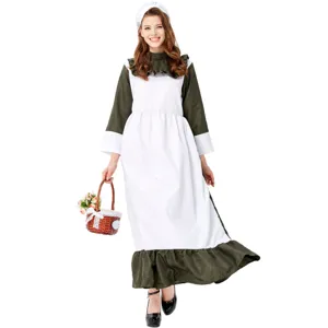 Halloween maid costume long dress vintage green white party stage performance cosplay outfit