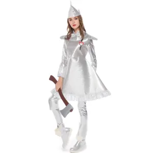 Silver tin man costume detail view, metallic shiny dress and prop axe for stage performance.