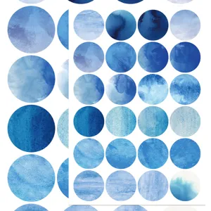 Blue watercolor round dot sticker sheet detail view for diary and phone case DIY decor.
