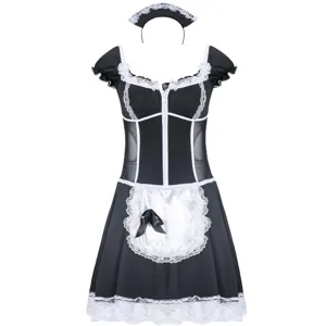 Close-up of the delicate white lace trim and black bow detail on the maid costume.