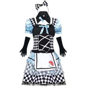 Costume da Cameriera Alice di Halloween da Donna Abito Lolita a Scacchi Set Cosplay Blu Gothic Party Outfit Con Copricapo Guanti