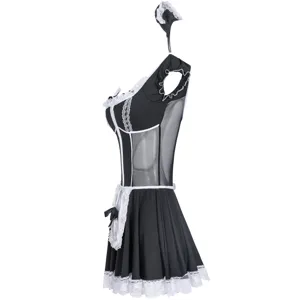 Detailed view of the sexy maid costume with mesh and lace trim, role play cosplay lingerie.