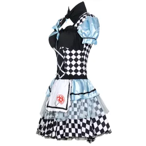 Costume da cameriera a scacchi nero e bianco Halloween cosplay abito Lolita con grembiule e maniche.