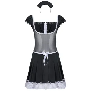 Black and white maid costume detail view, sexy cosplay uniform with sheer mesh and cute lace.