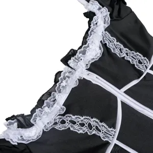 Black and white maid costume detail view, exquisite lace trim and stylish cosplay outfit.