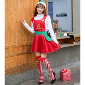 Sexy Christmas elf costume set with red dress, white top, hat and striped stockings for women.