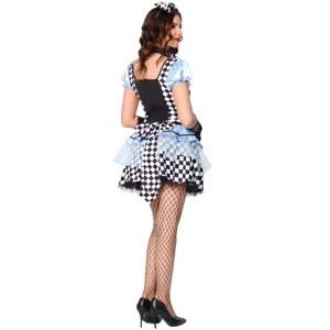 Vista dettagliata del costume cosplay di Halloween a quadri bianco e nero da dietro.