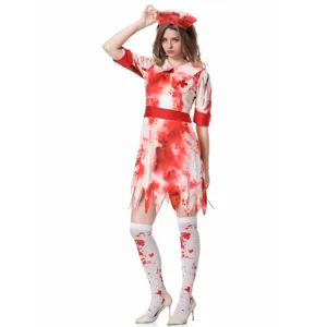Halloween bloody nurse costume for women, scary zombie cosplay dress with hat and socks.