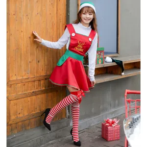 Detail view of Japanese style cute Christmas cosplay costume set featuring dress and socks.