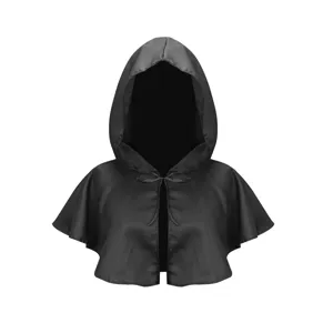 Schwarzes Kapuzencape Detail, mittelalterliches Hexenkostüm Zubehör mit feinem Bindeverschluss.