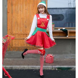 Christmas cosplay costume set featuring red dress, white top, hat and striped stockings for women.