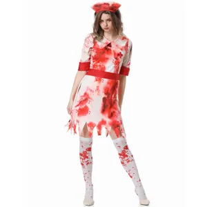 Halloween bloody nurse cosplay costume set featuring dress, matching cap and socks for women.