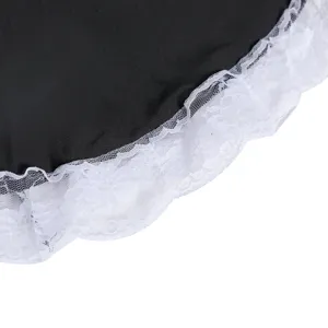 Detailed view of black maid costume skirt hem with white lace trim, cosplay apparel detail.