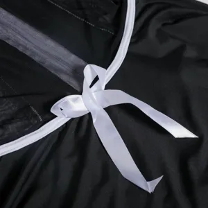 Black cosplay maid costume detail view featuring white bow and contrast trim piping.