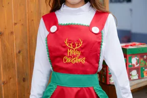 Christmas apron costume set with Merry Christmas embroidery, red green festive holiday wear.