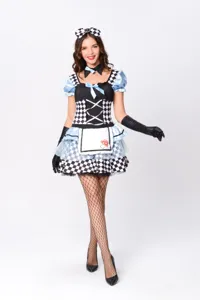 Costume di cosplay di Halloween da donna abito da cameriera Alice con quadri e grembiule.